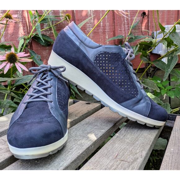 Sheridan Mia Suede Sneakers 9.5 Blue Leather Wedge Heel 80s Retro Lace Up Comfy - Picture 2 of 9